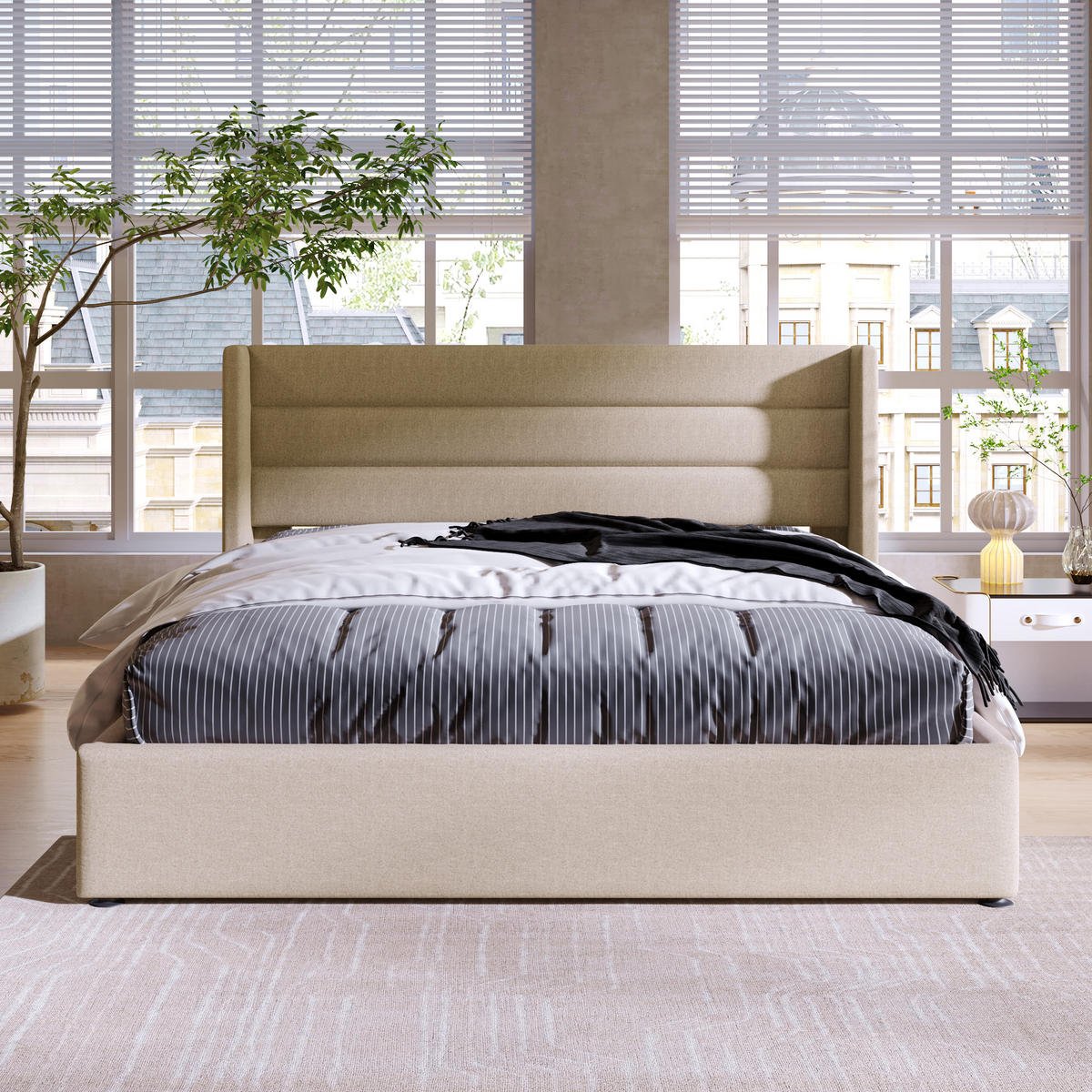 POLSTERBETT 160/200 cm Beige mit hydraulischem Stauraum und Lattenrost mit Matratze - Beige, Textil (160/200cm) - OKWISH