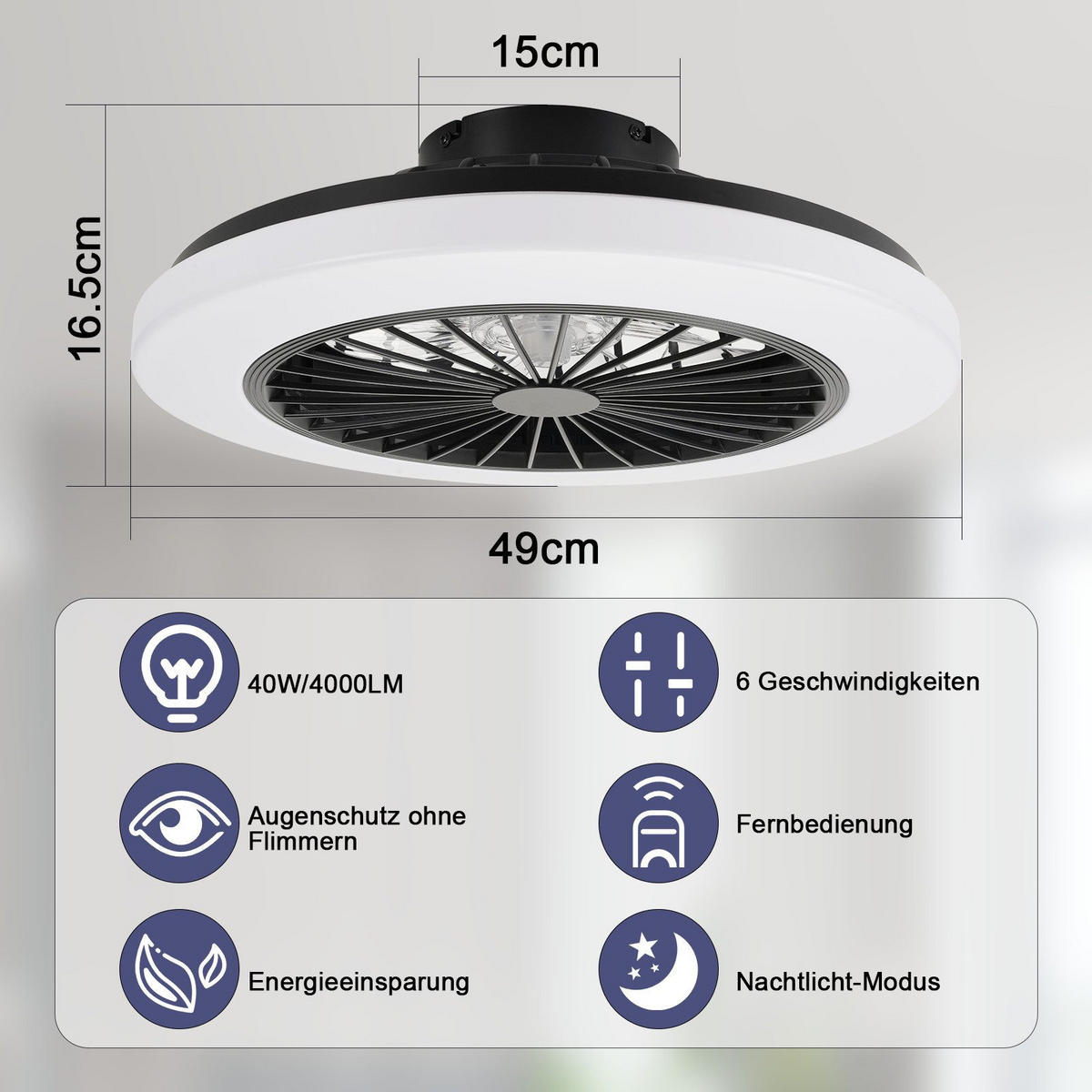DECKENVENTILATOR RAISNER 49/49/17 cm - Schwarz, Kunststoff (49/49/17cm) - Nettlife