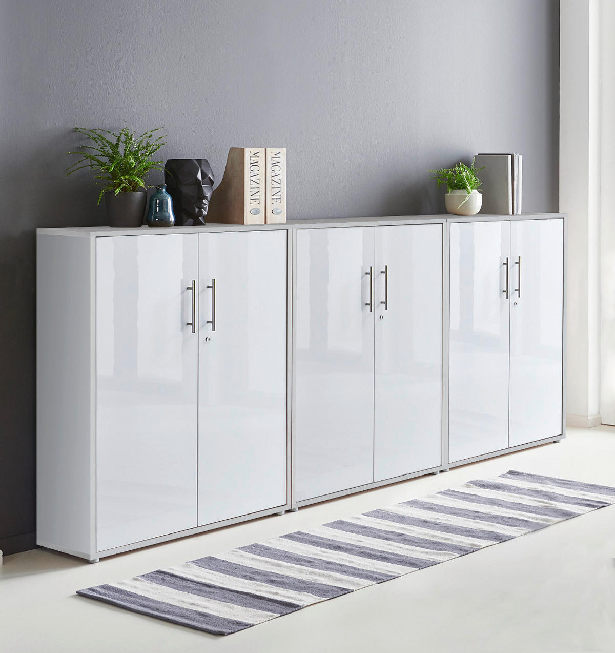 BÜROMÖBELSET 3-tlg. lichtgrau / weiß Hochglanz - Weiß Hochglanz/Hellgrau, Holz (253.2/113.6/33cm)