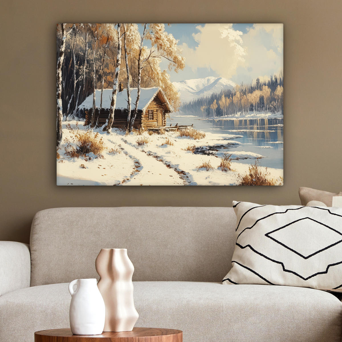 LEINWANDBILD Winter - Schnee - Zuhause - Natur Wandbilder 80x60 cm - Hellbraun, Textil (80/60cm) - MuchoWow