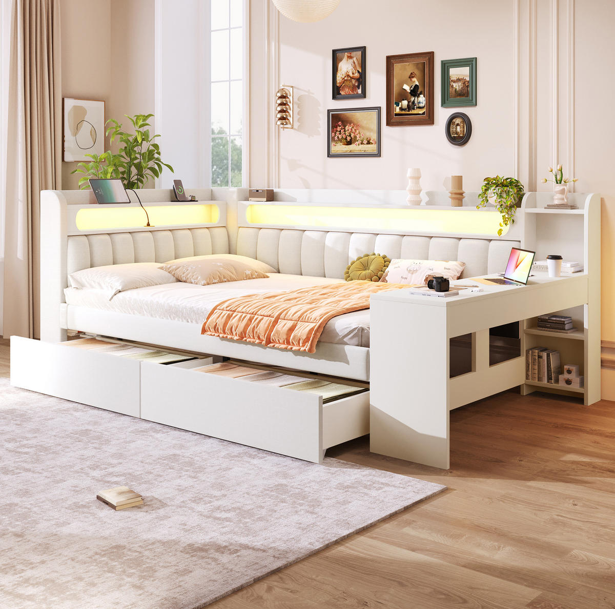 POLSTERBETT 140/200 cm Weiß aus MDF, Sperrholz und Leinen mit LED-Beleuchtung und USB-Anschluss - Weiß, Holzwerkstoff (140/200cm) - OKMYHOME