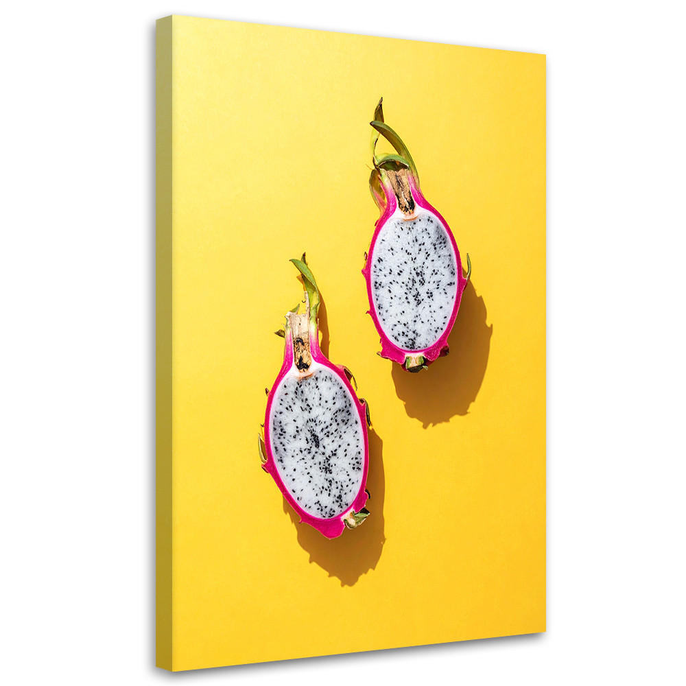 BILD auf Leinwand, Geschnittene Drachenfrucht auf intensivem gelbem Hintergrund - Gelb, Textil (20/30cm) - Feeby