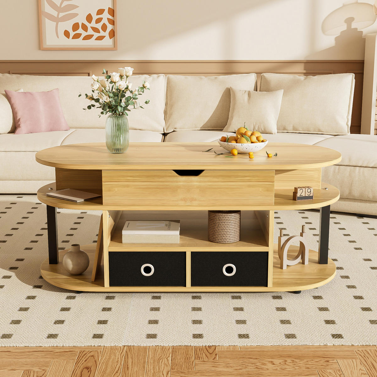 COUCHTISCH Holzoptik mit Hubfunktion, Stauraum und 2 Schubladen - Cognac, Metall (100/50/60cm)