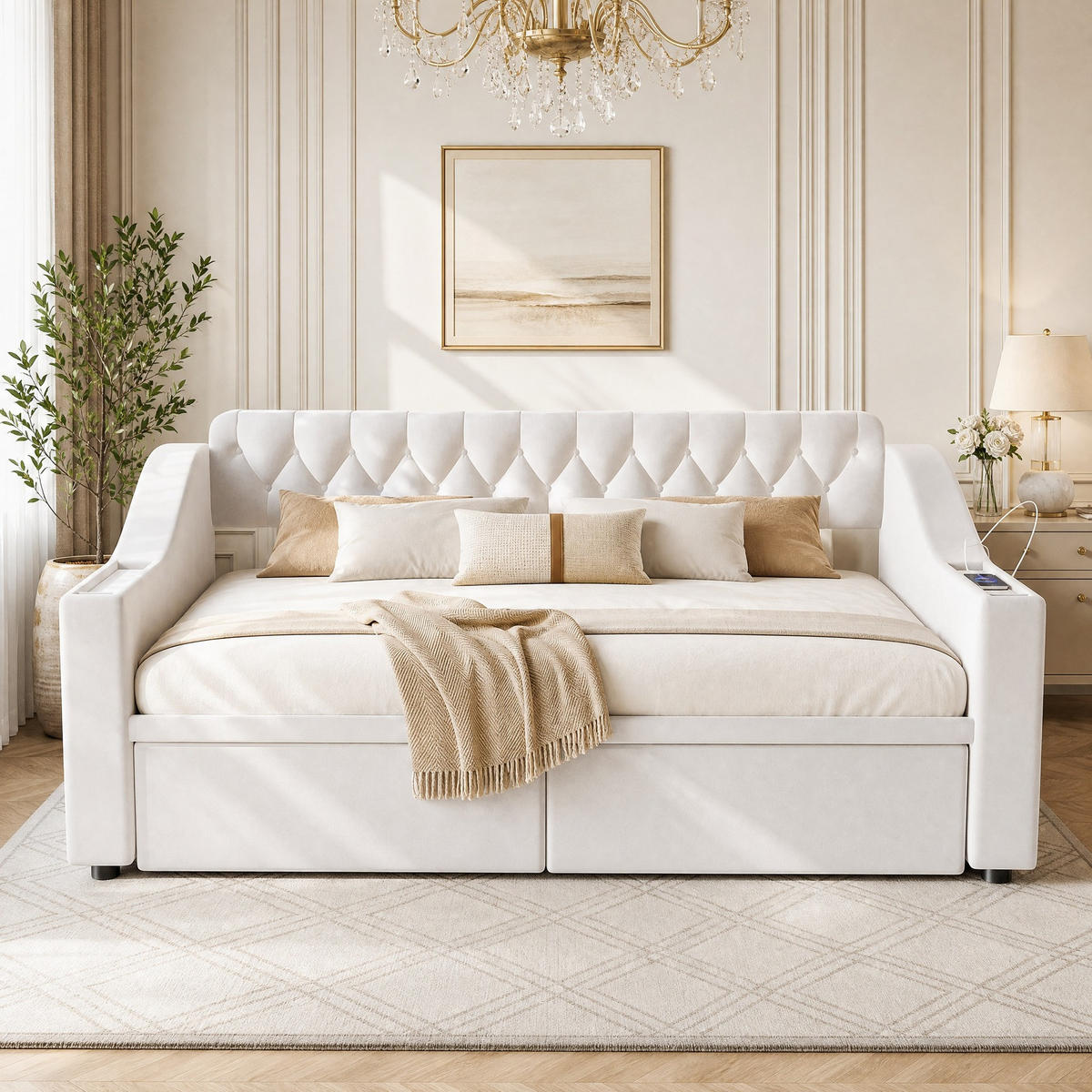 POLSTERBETT 90/190 mit Stauraumschubladen, USB-Anschluss und Ablagefächern in Beige - Beige, Holzwerkstoff/Textil (90/190cm) - EVRYAE