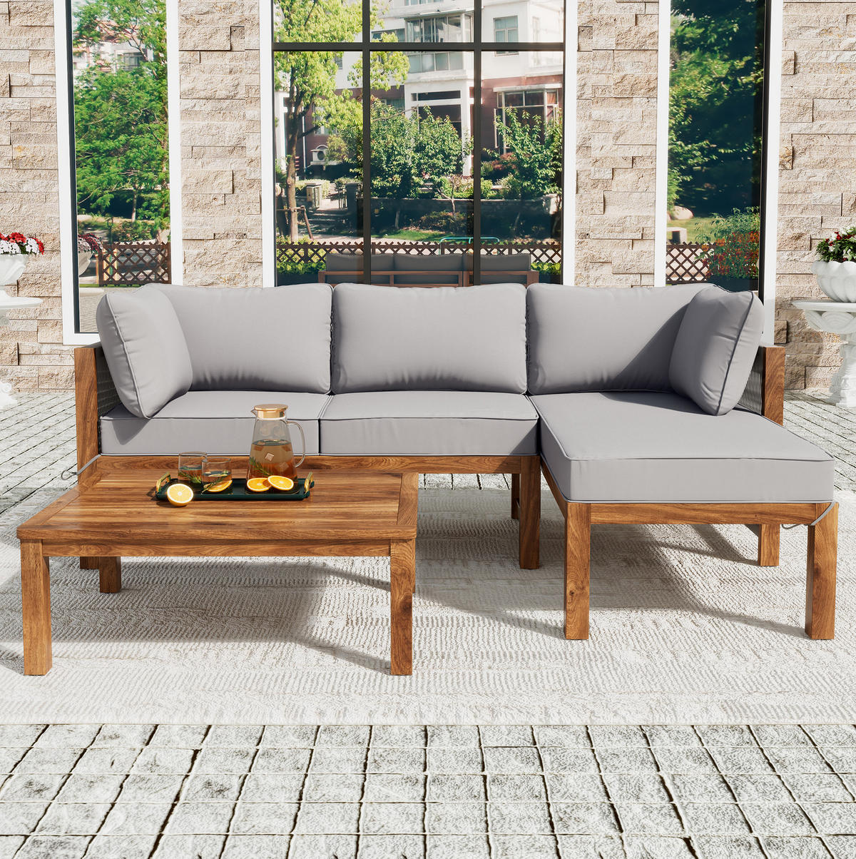 GARTEN-LOUNGEMÖBEL 3-tlg. Akazienholz Grau mit Tisch - Grau, Holz - Beauniv