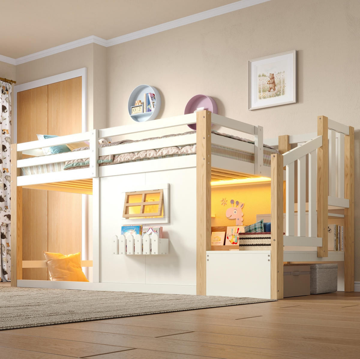 HOCHBETT aus Kiefernholz und MDF 90x200 cm Weiß mit Stauraumtreppe, Fenster und LED-Beleuchtung - Weiß, Holzwerkstoff (90/200cm) - Modfu