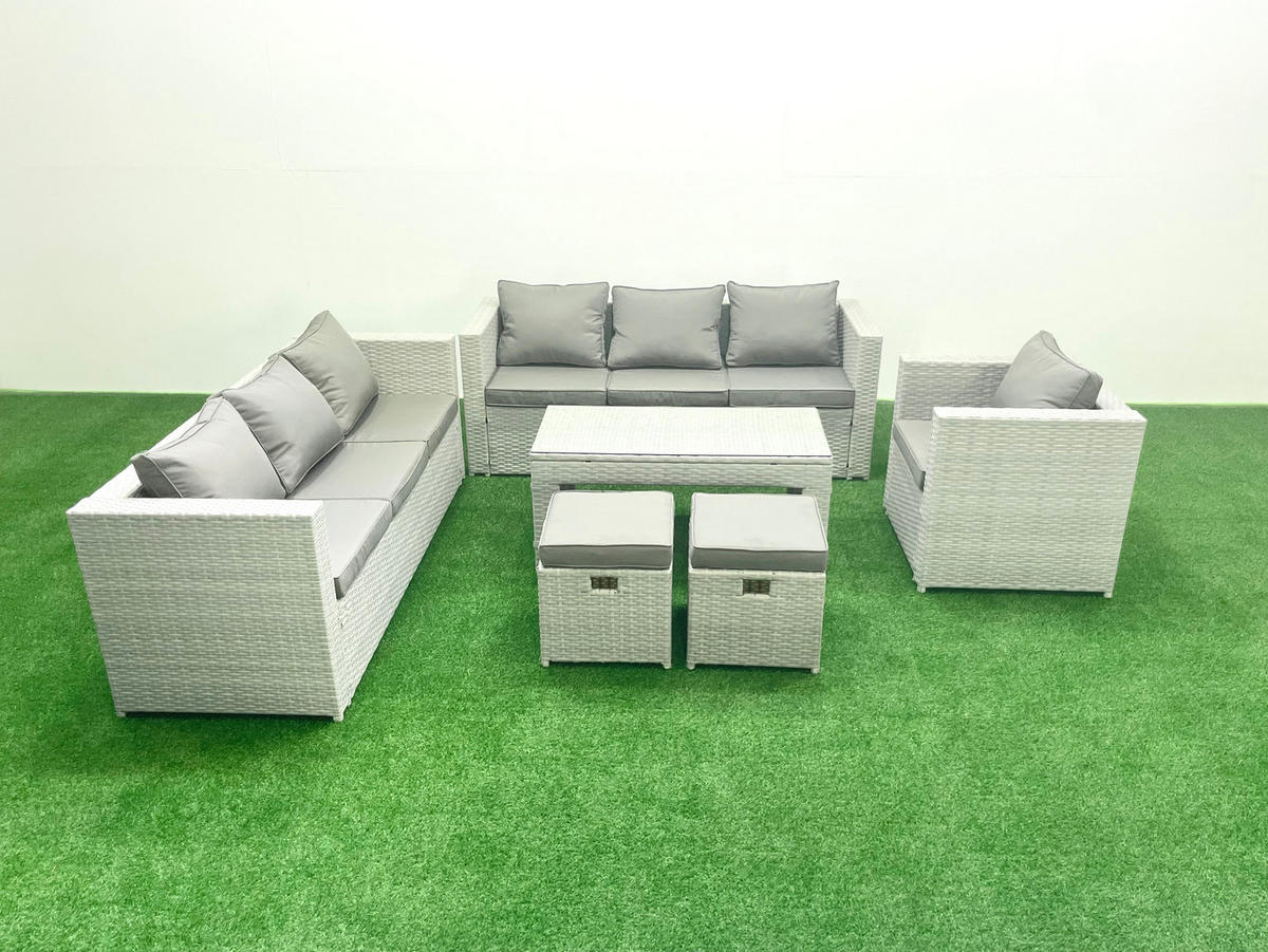 GARTENSOFA hohe Rückenlehne Polyrattan Hellgrau-Mix 9-Sitzer - Hellgrau/Grau, Glas/Kunststoff - Fimous