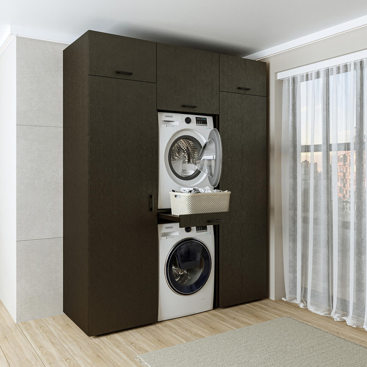 WASCHMASCHINENSCHRANK DUO-I 187cm Breit, 240cm Hoch - Schwarz, Holzwerkstoff (187/240/67cm)
