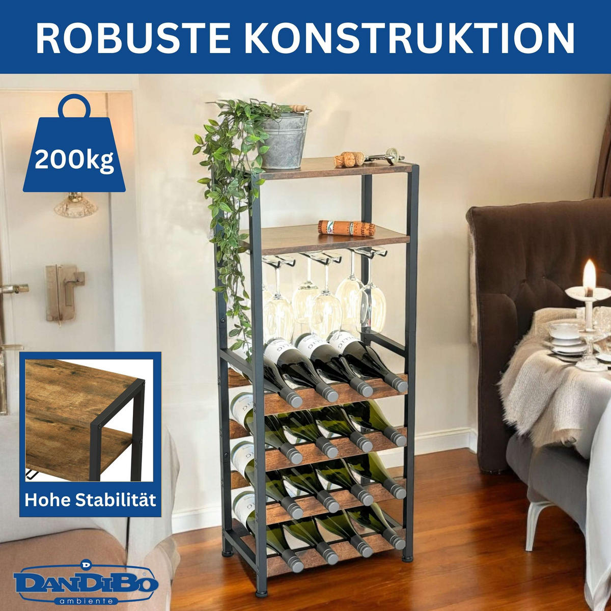 WEINREGAL 16-Flaschen mit Glashalter Metall/Holz Schwarz 41,5/24/100 cm - Schwarz, Metall (41.5/100/24cm) - DanDiBo