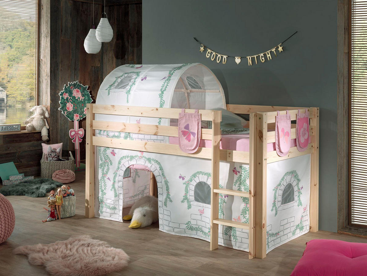 KINDERBETT Karolina 210x114x106 Massivholz Natur Textilset Burg 4 - Hellgrau/Kieferfarben, Holz (90/200cm) - 58aufmkessel