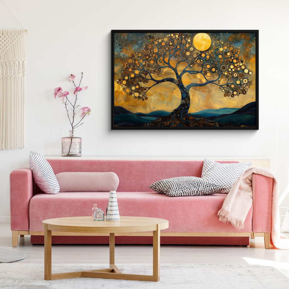 POSTER MIT RAHMENGERAHMTES BILD Baum - Mond - Blumen - Gold - Kunst 120x80 cm - Orange, Papier (120/80cm) - MuchoWow