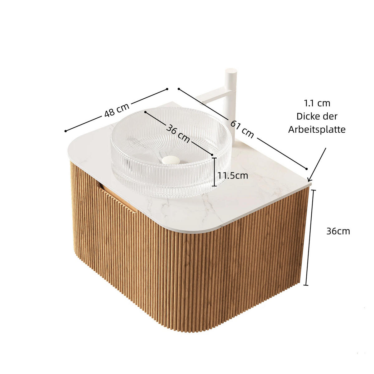 WASCHTISCH 61 cm Wandmontage Naturholz/Weiß/Transparent - Naturfarben, Glas (48/48.6/61cm) - Beauniv