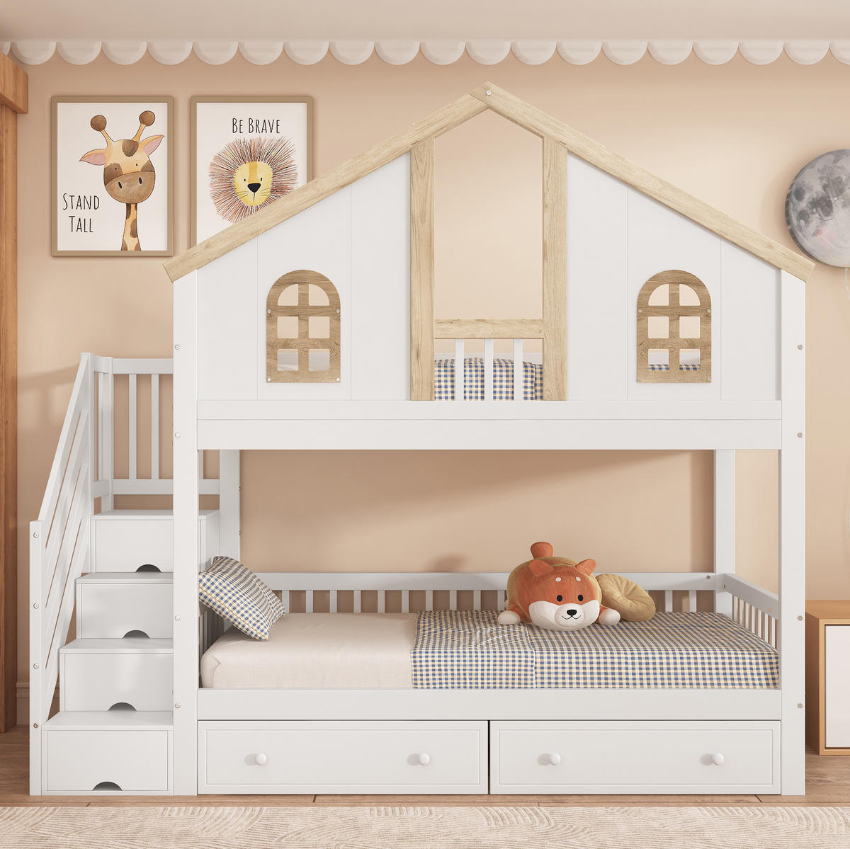 ETAGENBETT aus Kiefer und MDF 90x200 cm Weiß/Natur mit Stauraumtreppe, 2 Schubladen und Fenstern - Weiß, Holzwerkstoff (90/200cm) - Modfu