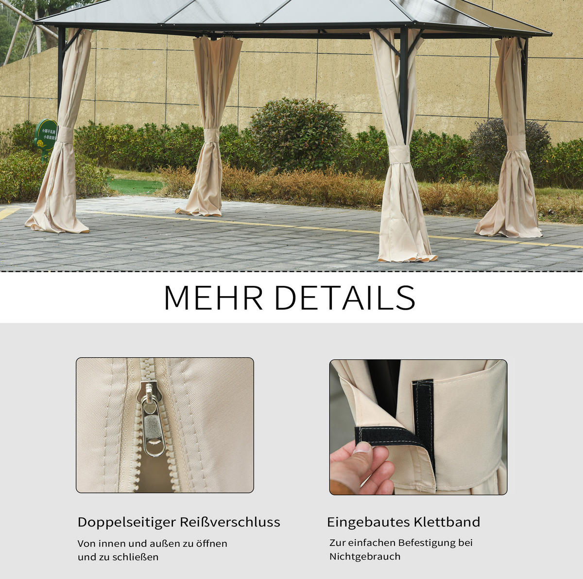 PAVILLON-SEITENTEILE 302/205 cm mit Reißverschluss, Haken und C-Ringen, wetterbeständig, Beige - Beige, Textil (205/1/302cm) - Redom