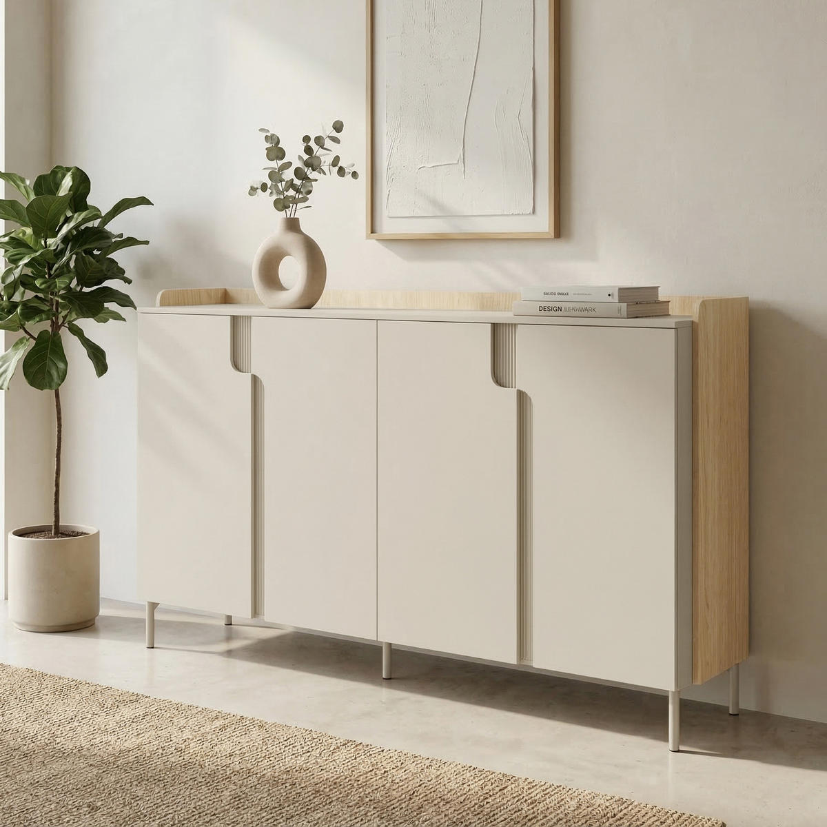 KOMMODE Positivo mit 4 Türen, 180 cm, Mavelie-Eiche + Macadamia - Eichefarben, Holzwerkstoff (183/110/42cm) - Beautysofa