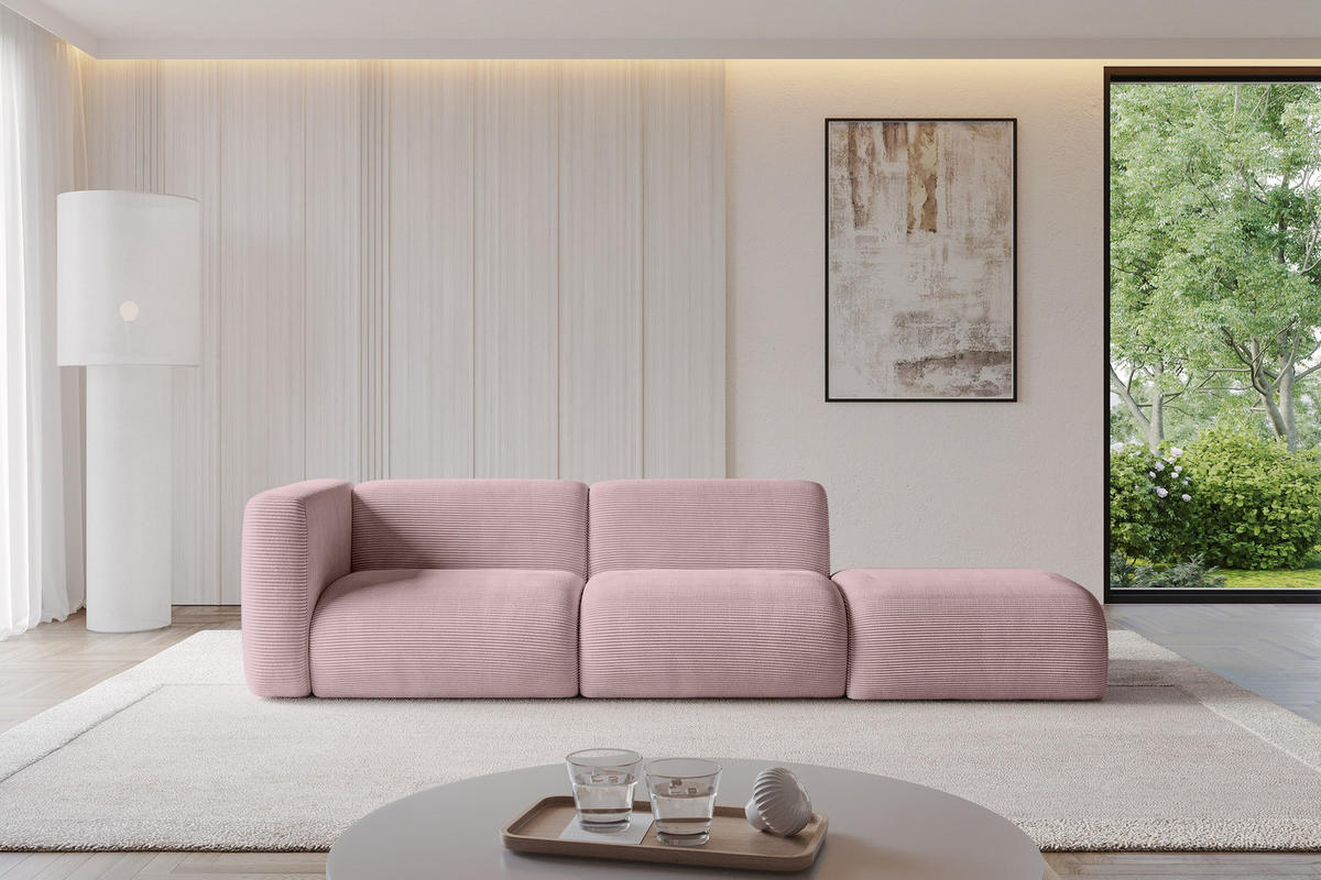 SOFA Ottomane Links MIRA-S3 296x89x70 Rosa Cord - Schwarz/Rosa, Holzwerkstoff/Kunststoff (296/70/89cm) - ALTDECOR