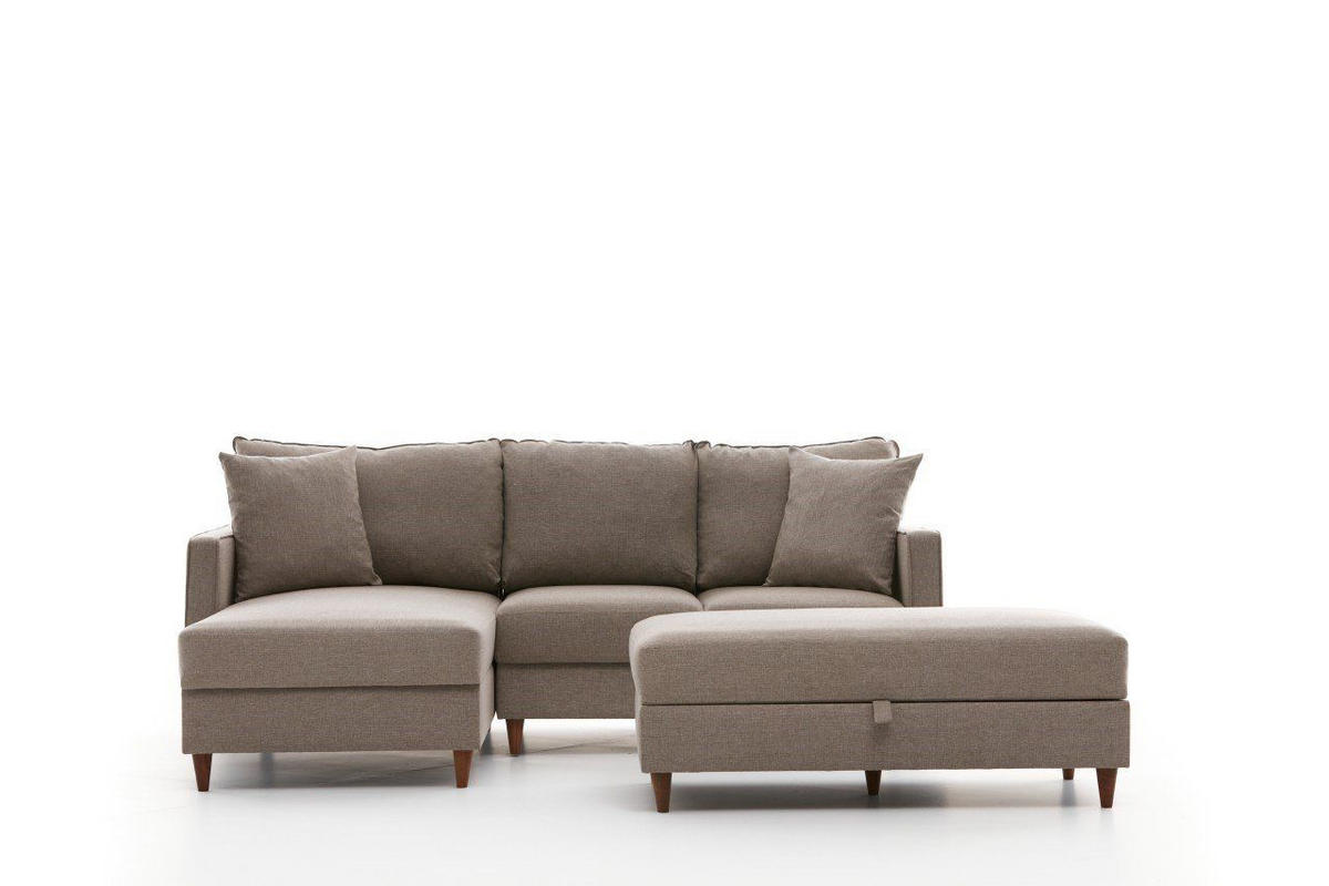 ECKSOFA mit Hocker, Schlaffläche - Beige/Walnussfarben, Holz/Kunststoff (210/155cm) - myHomelando