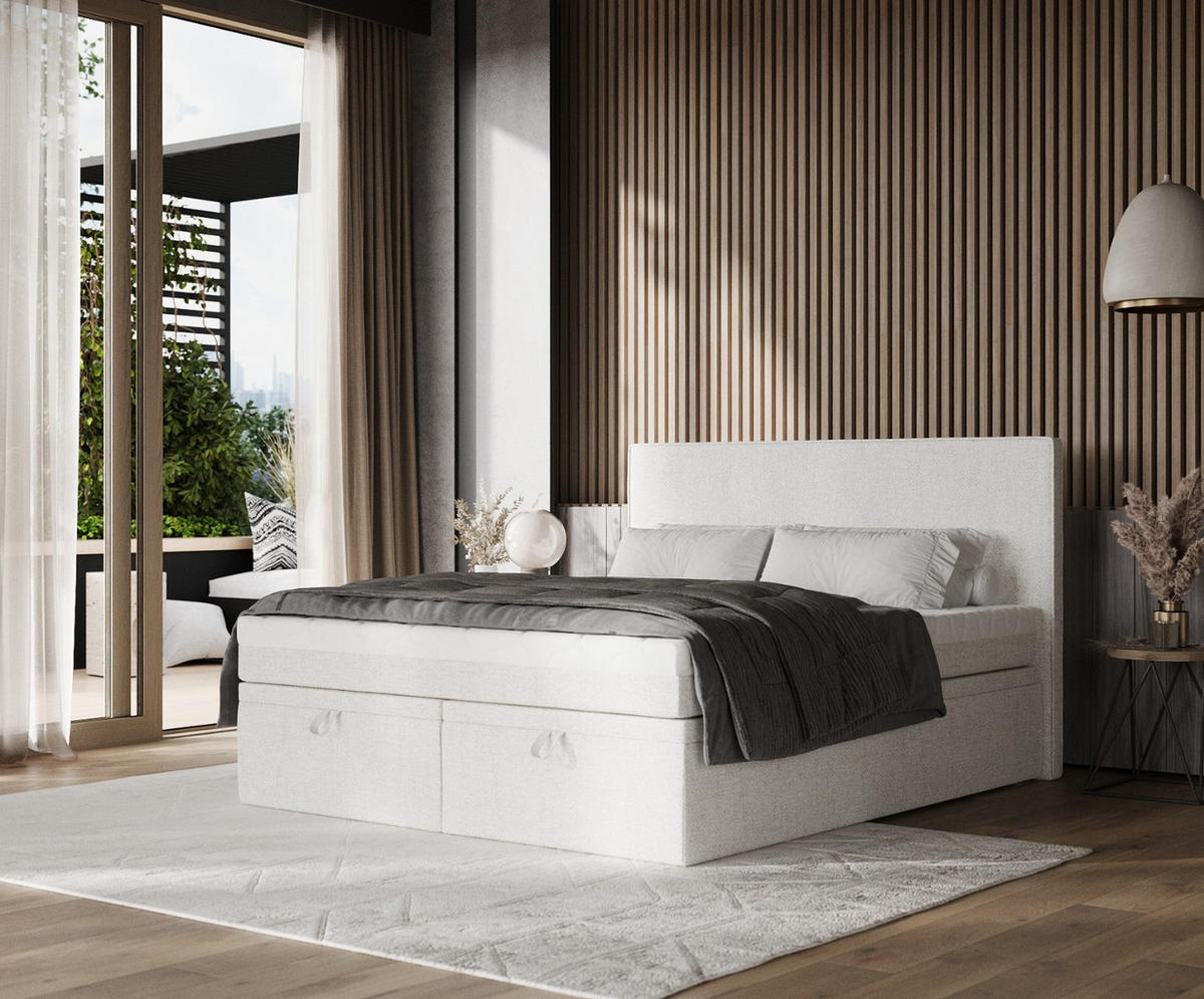 BOXBETT Zalla 180/200 cm Creme im Neve Stoff - Creme/Schwarz, Holz/Holzwerkstoff (180/200cm) - AltaBeds