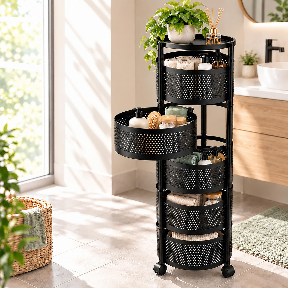 VOZÍK Černý kulatý 5 polic výsuvné koše kov - černá, kov/plast (32/89/32cm) - Relaxdays