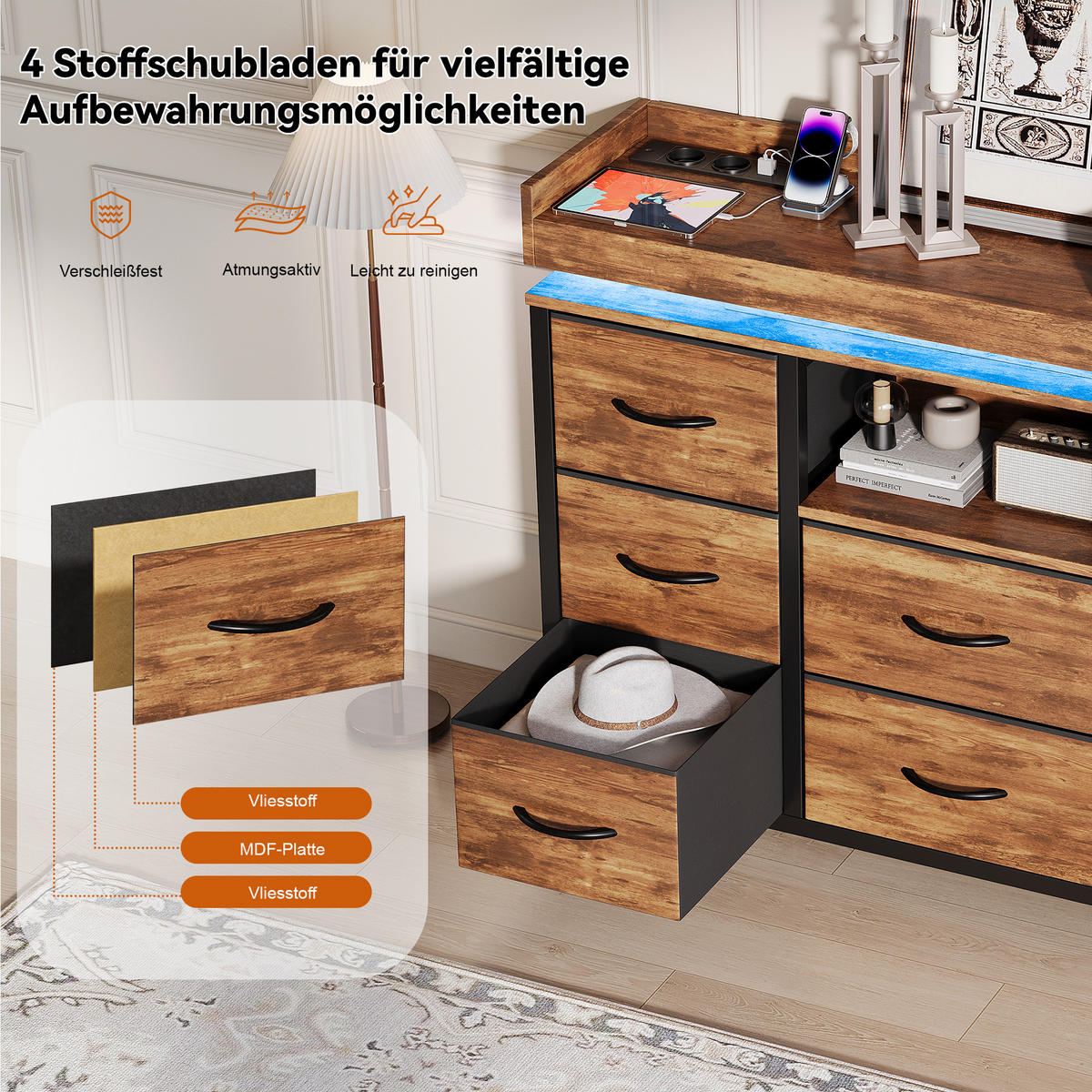 KOMMODE 8 Schubladen Holzoptik, RGB-LED, USB, Kippschutz - Multicolor, Holz (30/82/108cm) - SHOPENTRA