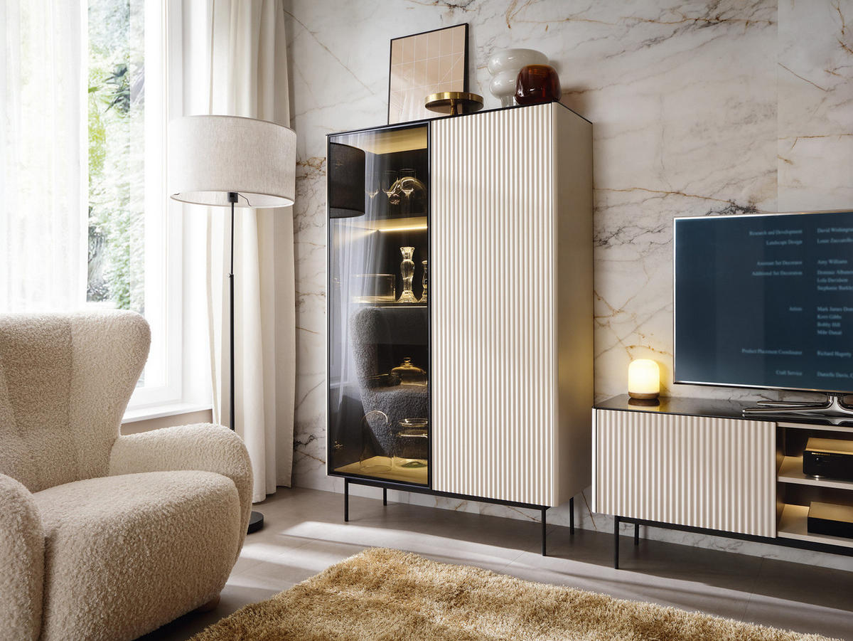 VITRINE DIJON WTSZ107 107 cm (Kaschmir, Glasplatte, Antisol-Glas, Innenschublade, LED) - Kaschmir/Schwarz, Glas/Holz (107/167/39cm) - Ravio