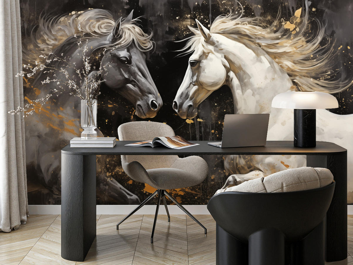 FOTOTAPETE für Büro Schwarz-Weiß Pferd Aquarell Goldakzente Eleganz 450x315 - Beige/Schwarz, Papier (450/315cm) - Muralo