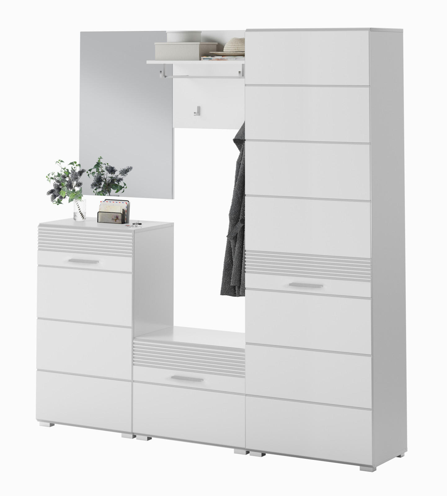 GARDEROBEN-SET weiß Hochglanz 5-teilig 170 cm mit Spiegel, Garderobenkombination - Weiß Hochglanz/Silberfarben, Holzwerkstoff/Kunststoff (170/190/37cm) - Inn.Furn