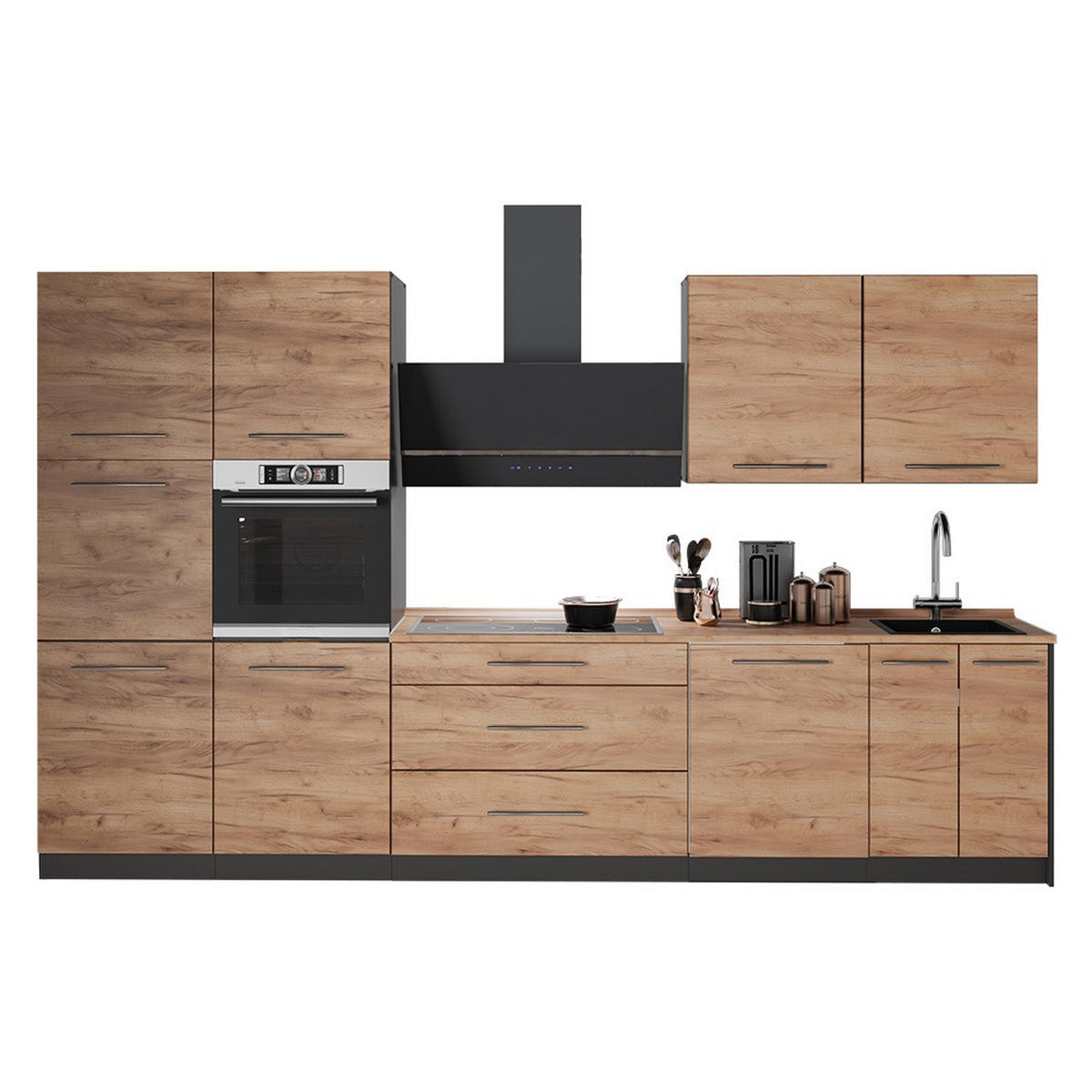 KÜCHENZEILE Fame-Line, Goldkraft Eiche/Anthrazit, 340 cm, AP Anthrazit - Honigeiche/Anthrazit, Holzwerkstoff (340/206.8/60cm) - Vicco