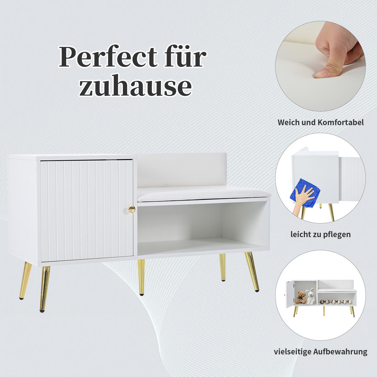 SCHUHSCHRANK in Weiß Schuhkommode mit Stauraum gepolsterter Sitzbank Rückenlehne Metallgriffe Eingangsbereich, B100/T40/H58cm - Goldfarben/Weiß, Holzwerkstoff/Metall (100/58/38cm) - STILVORA