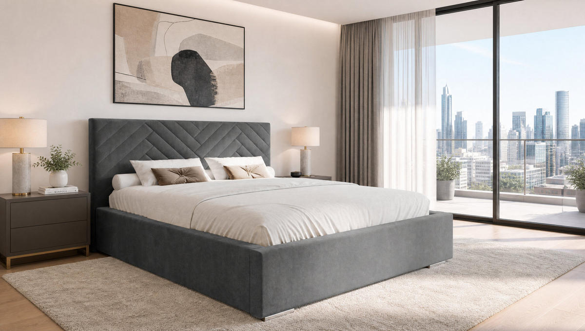 POLSTERBETT 200x200 cm AURA, Doppelbett mit Bettkasten und Lattenrost aus Holz, Velourstoff: Dunkelgrau - Dunkelgrau, Holz/Kunststoff (200/200cm) - Marpur