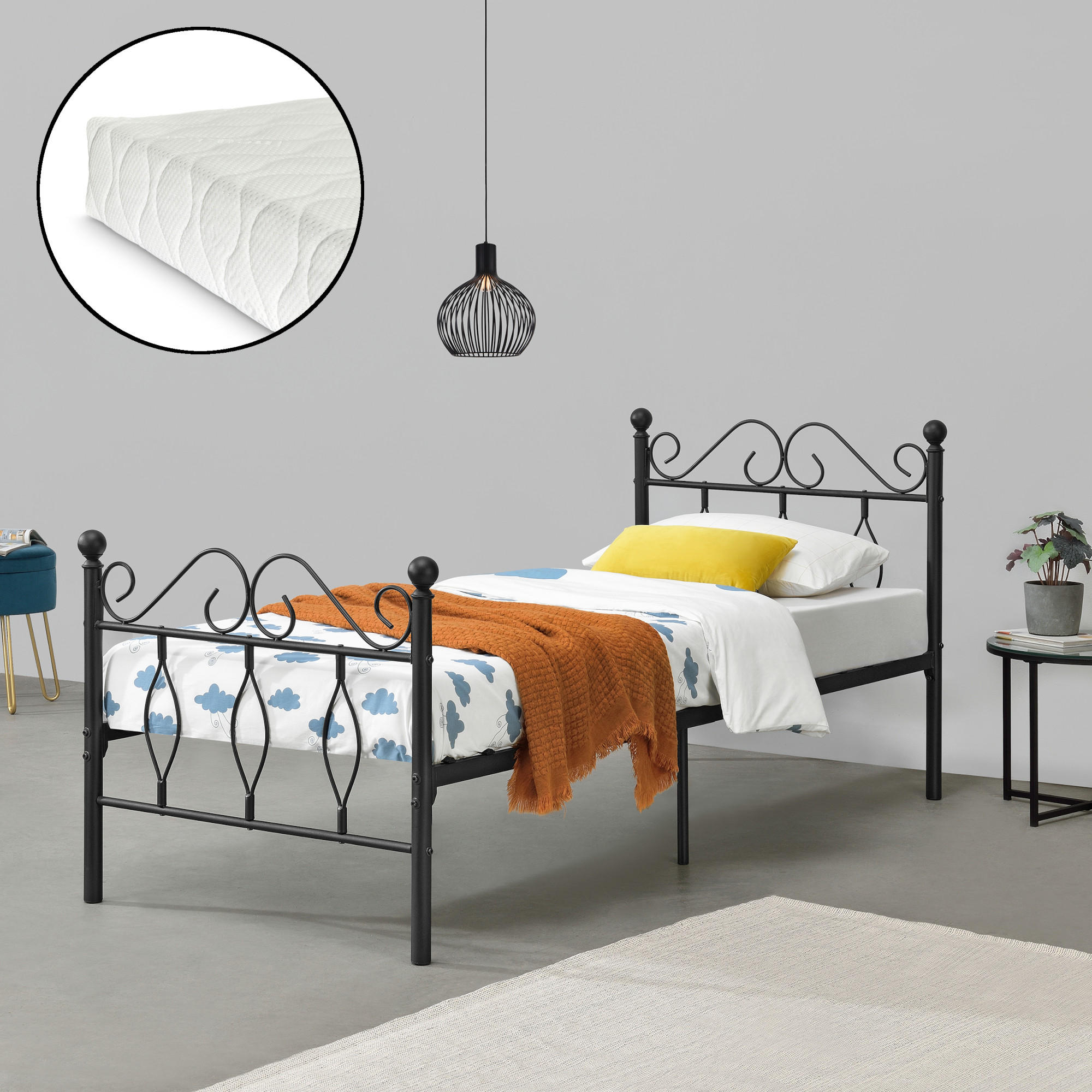 METALLBETT Apolda mit Matratze - Schwarz, Textil/Metall (90/200cm) - [en.casa]