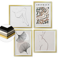 WANDBILDER 4er Set - 50x50 cm & 40x60 cm Goldrahmen - Abstrakte Boho-Blattformen - Goldfarben, Kunststoff (50/50cm) - ArtPrintCave
