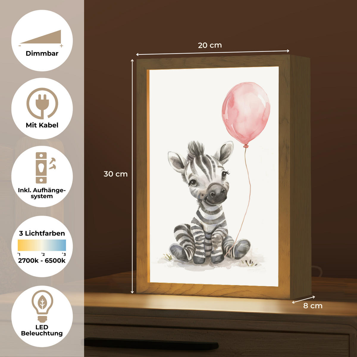 NACHTTISCHLAMPE Zebra - Baby - Tiere - Rosa Luftballon 20x30 cm - Weiß, Holzwerkstoff (8/20/30cm)