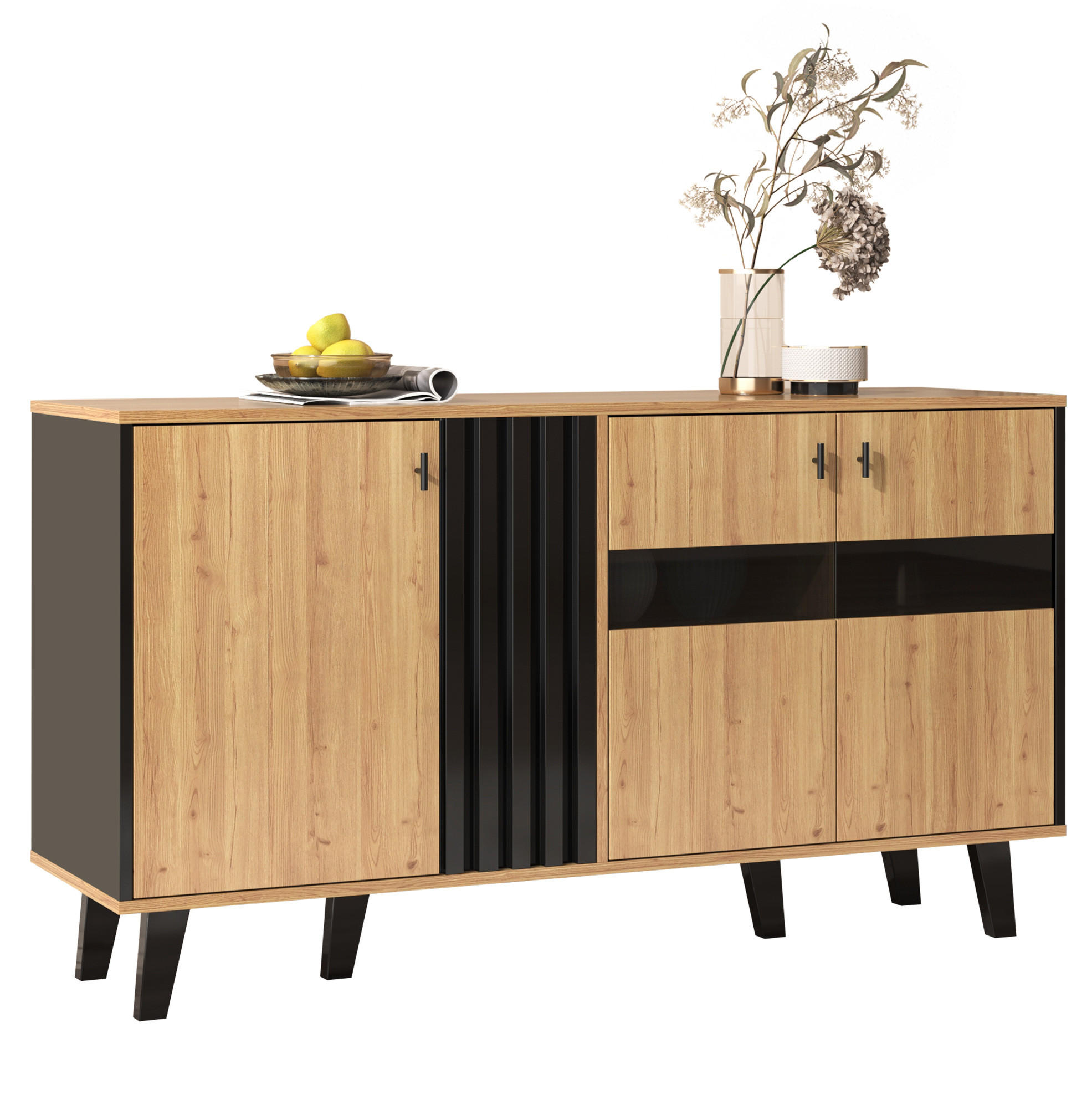 SIDEBOARD 140/41/78,5 cm in Natur/Schwarz mit 3 Türen und LED-Beleuchtung - Naturfarben, Holzwerkstoff (140/78/41cm) - Flora Grace