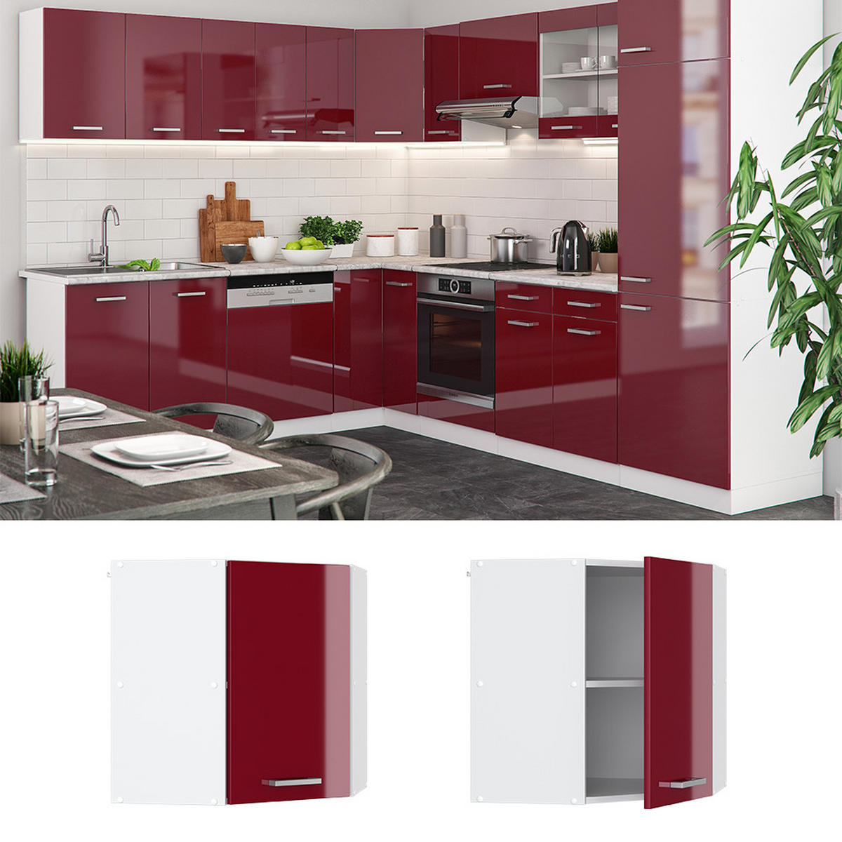 ECKHÄNGESCHRANK R-Line Rot Hochglanz 57 cm - Rot/Weiß, Holzwerkstoff (57/60/34.1cm) - Vicco