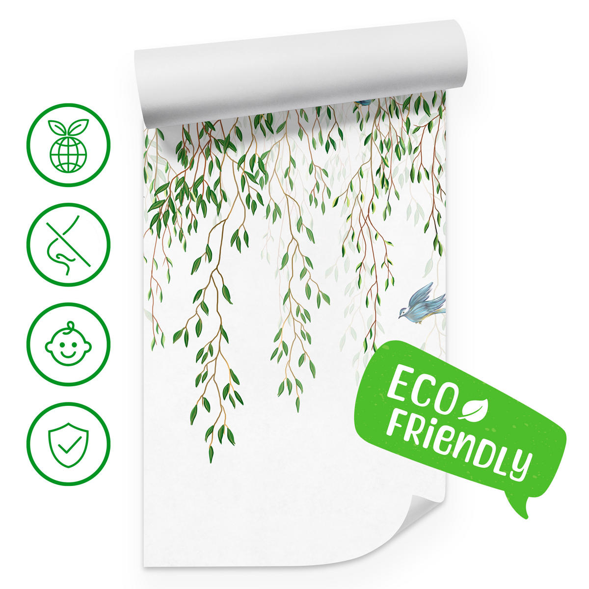 FOTOTAPETA Pre Spálňu Smútočná Vŕba Konáre Vtáky Jar Listy 450 x 315 cm - hnedá/modrá, papier (450/315cm) - Muralo