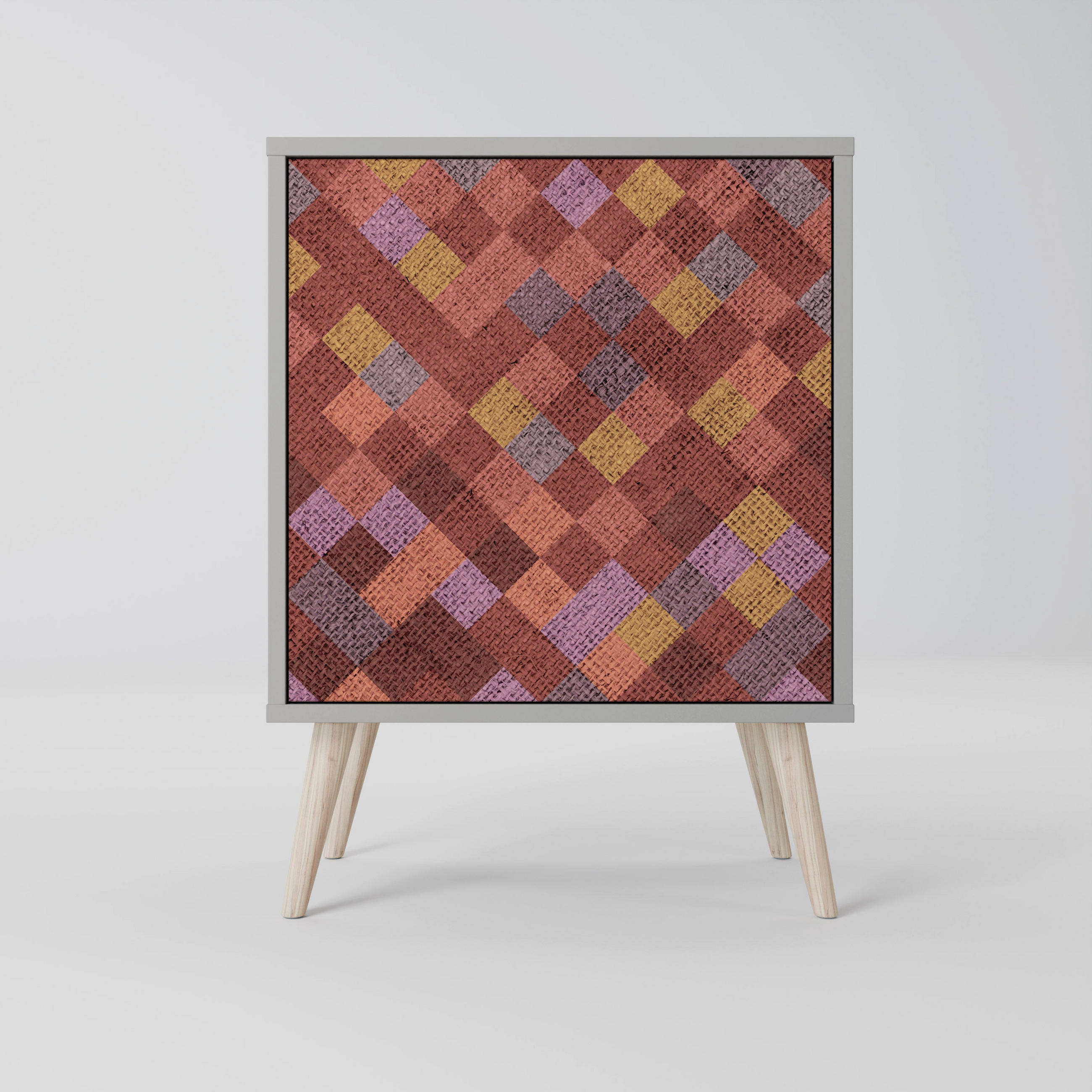 SIDEBOARD PAINTED SQUARES, Grau, 57,5x42x77,5 cm, Schräge Buchenholzfüße - Buchefarben/Multicolor, Holzwerkstoff/Buchenholz (57.5/77.5/42cm) - SpaceRebels