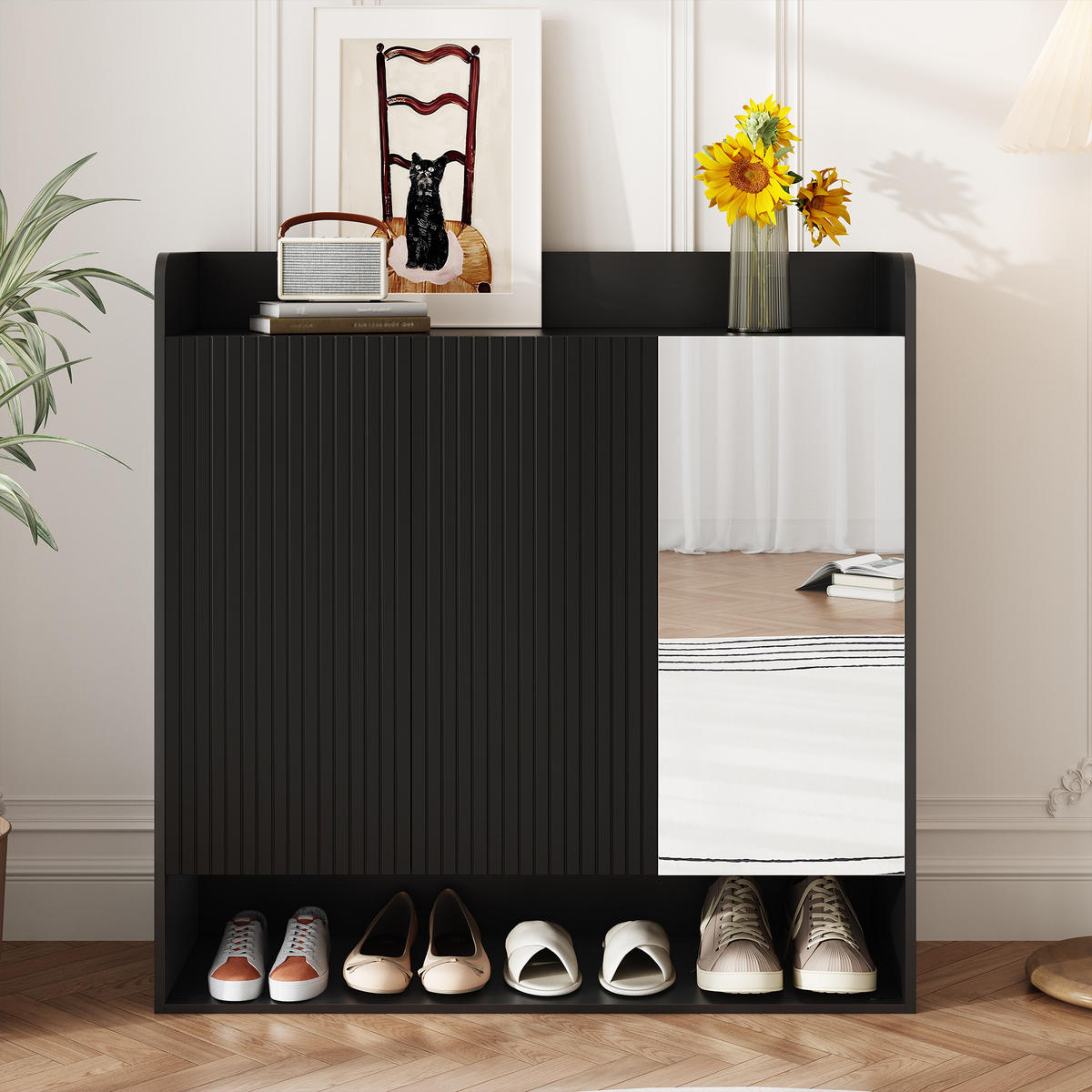 SCHUHSCHRANK aus MDF & Spanplatte 110x35,5x110cm in Schwarz mit Spiegel - Schwarz, Holzwerkstoff (110/110/35.5cm) - Modfu