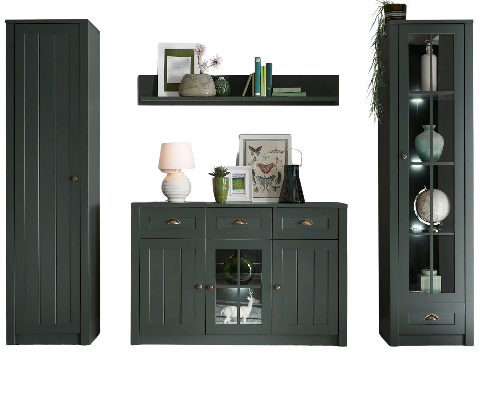 WOHNWAND grün Landhaus, Wohnkombination 4-teilig 270 x 198 cm - Chromfarben/Schwarz, Glas/Holzwerkstoff (270/198/43cm) - Furn.Design