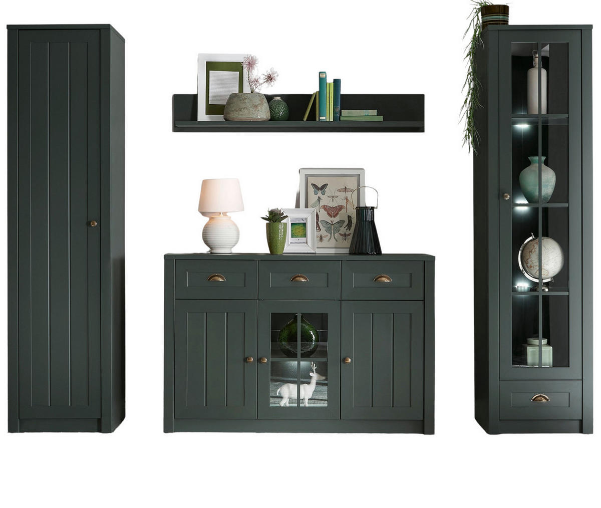 WOHNWAND grün Landhaus, Wohnkombination 4-teilig 270 x 198 cm - Chromfarben/Schwarz, Glas/Holzwerkstoff (270/198/43cm) - Furn.Design