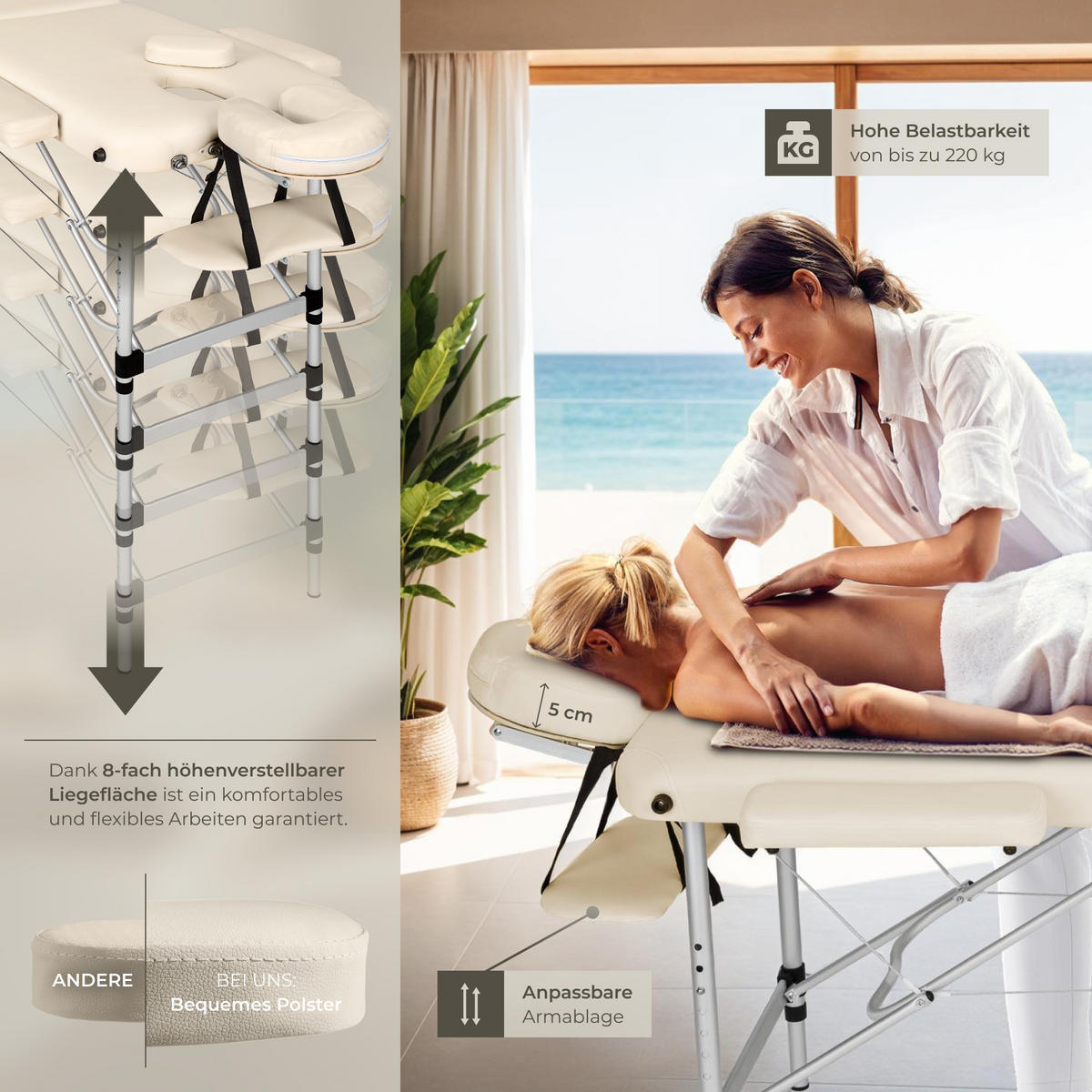 MASSAGELIEGE 3 Zonen, 210 x 95 x 89 cm,beige - Beige, Metall (95/89/210cm) - tectake