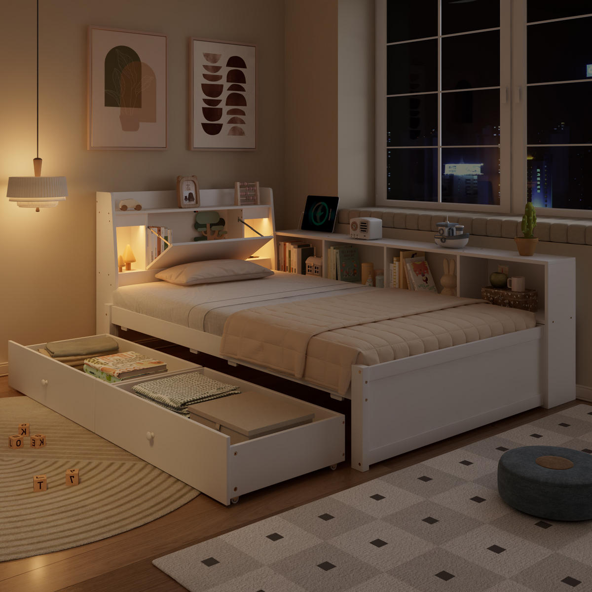 EINZELBETT 90x200 cm LED USB Schubladen - Weiß, Holz (90/200cm) - LEBENLANG