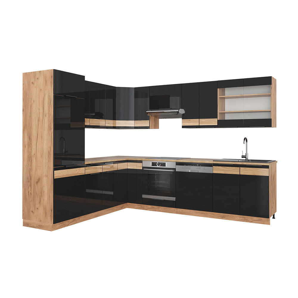Vicco Eckküche Schwarz Hochglanz, Eiche Wotan 287x82x60 cm