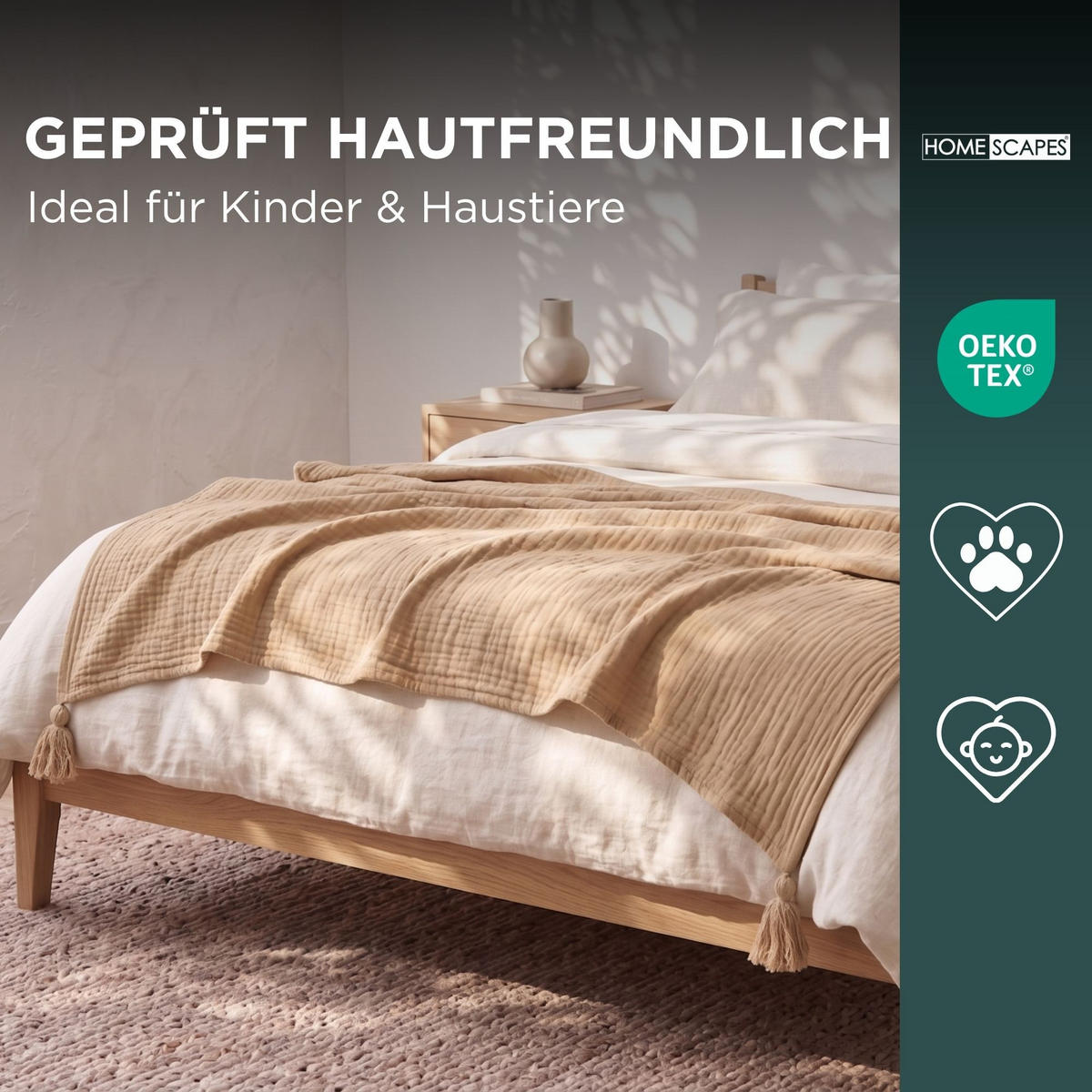 WOHNDECKE Musselin mokka mit Quasten - Mokka, Textil (127/180cm) - Homescapes