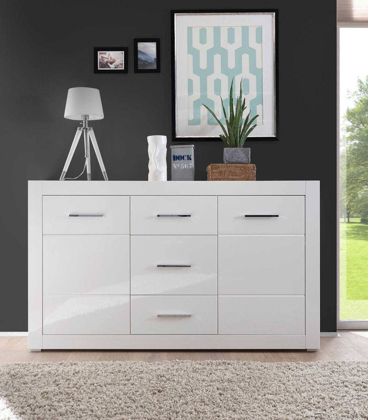 WOHNWAND weiß Hochglanz 4-teilig 314 cm, Wohnkombination mit viel Stauraum - Chromfarben/Weiß Hochglanz, Glas/Holzwerkstoff (314/198/42cm) - Furn.Design
