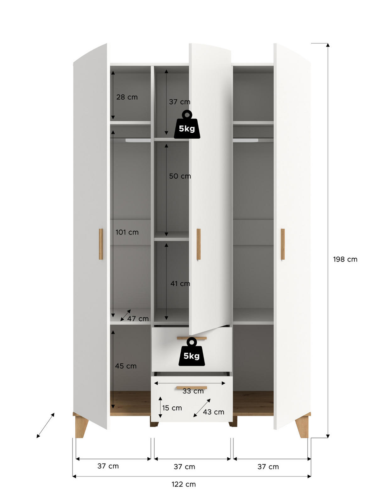 KLEIDERSCHRANK in weiß, Eiche Artsian 122 x 194 cm, Drehtürenschrank 3-türig skandinavisch - Eichefarben/Weiß, Holzwerkstoff (122/198/51cm) - Inn.Furn