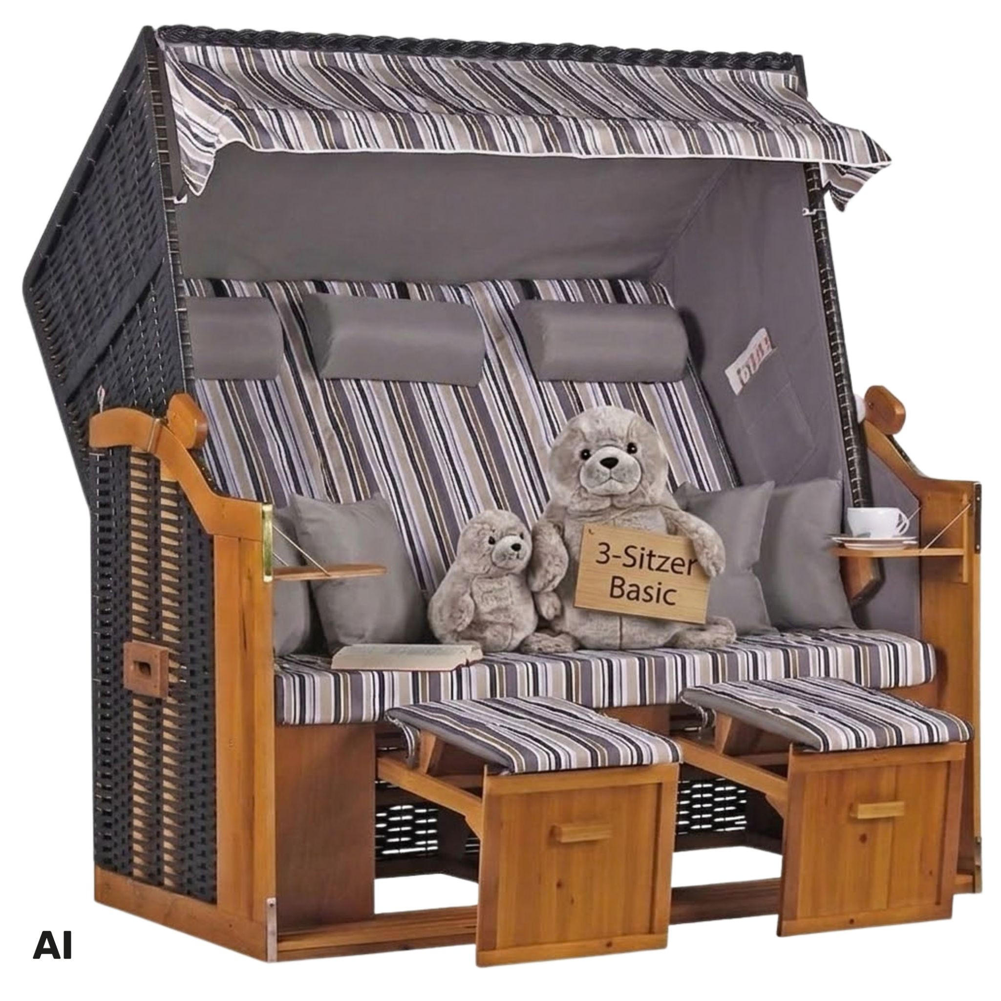 STRANDKORB XXL Ostsee 3Sitzer PE Schwarz - Schwarz/Braun, Metall (160/160/80cm) - Mr. Deko