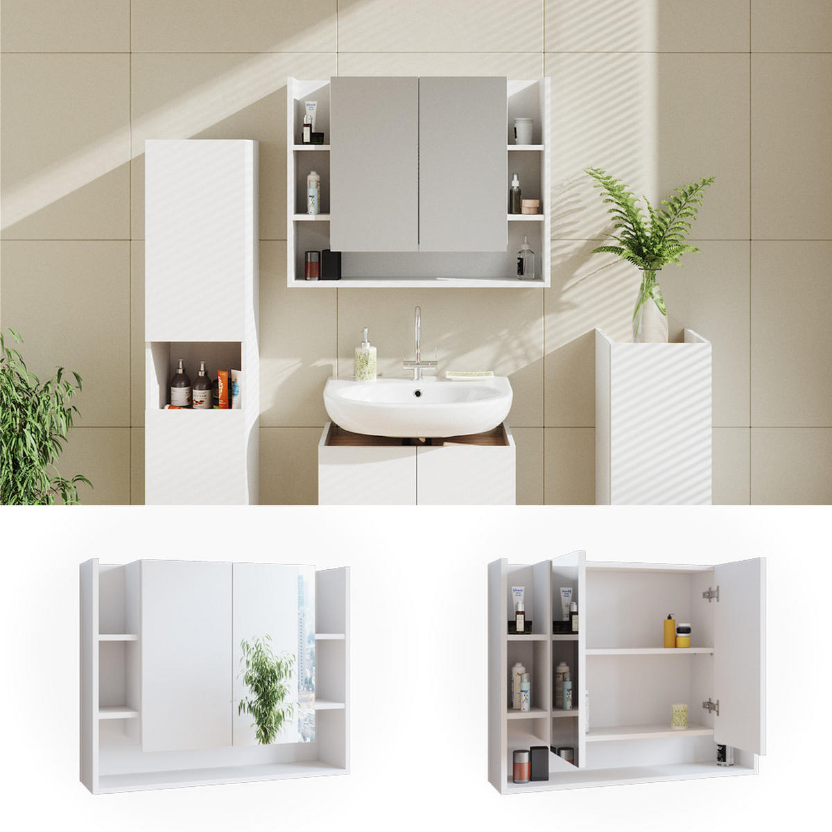 BADSPIEGELSCHRANK Elira Weiß 80.2 x 64 cm - Weiß, Holzwerkstoff (80.2/64/21.2cm) - Vicco