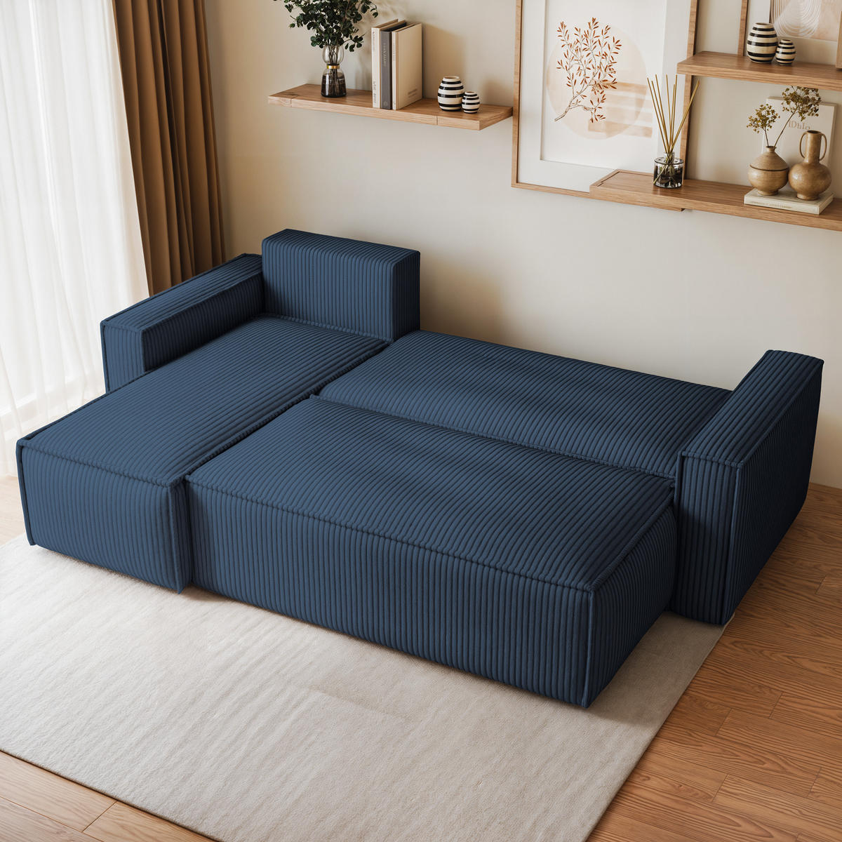 ECKSOFA RAVELO P Blau Kordstoff mit Schlaffunktion - Blau, Holz (240/140cm) - MASSENO