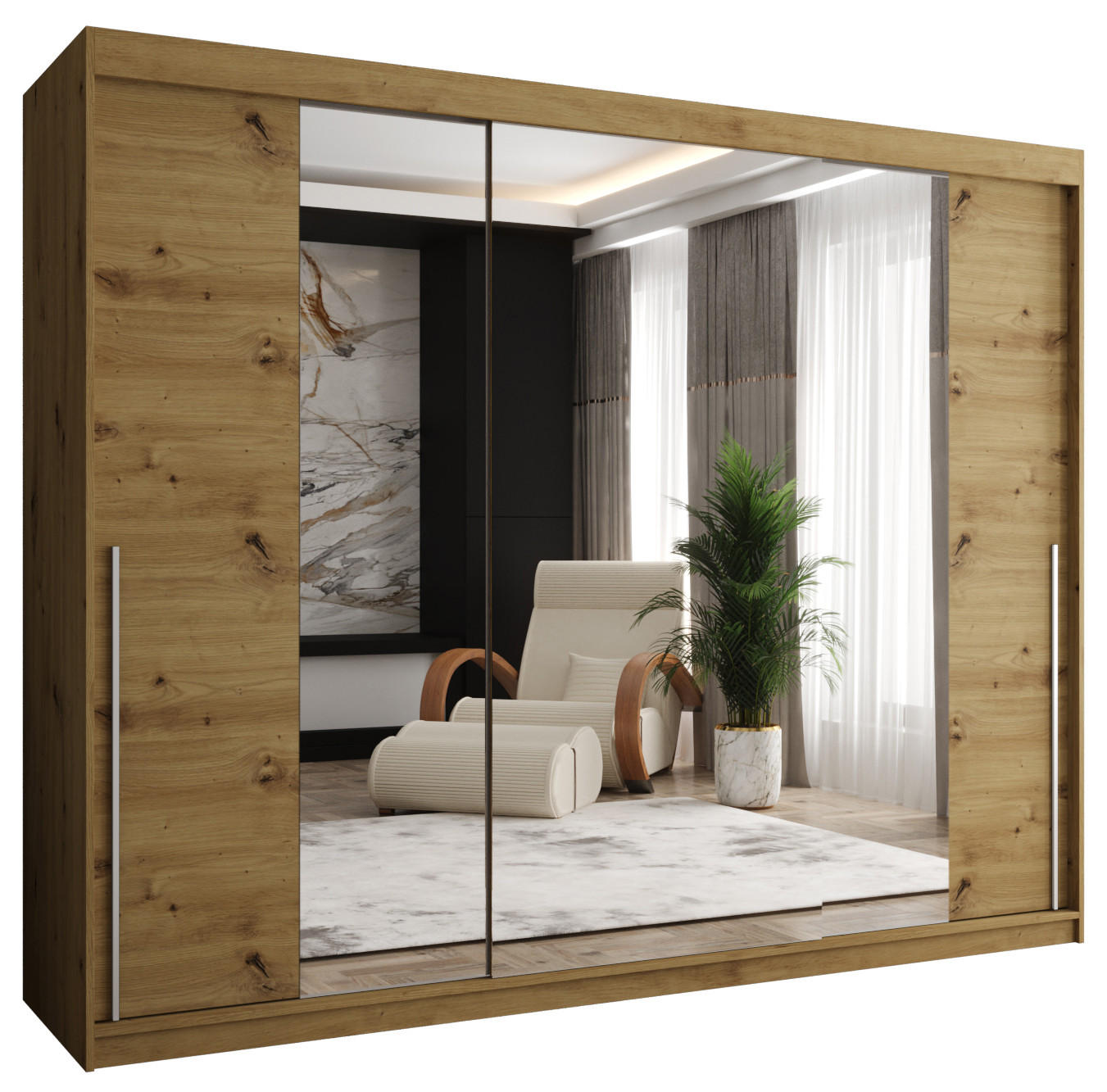 SCHIEBETÜRENSCHRANK mit Spiegel 250 cm Breite Artisan mit silbernem Griff - Silberfarben/Eiche Artisan, Holzwerkstoff (250/200/62cm) - Home Collective